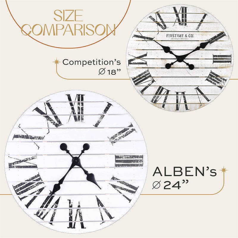 ALBEN Large Farmhouse Wall Clock - 24 inch Round Shiplap Farmhouse Style Clock Bundled with Decorative Reversible Wooden Sign - Image 4