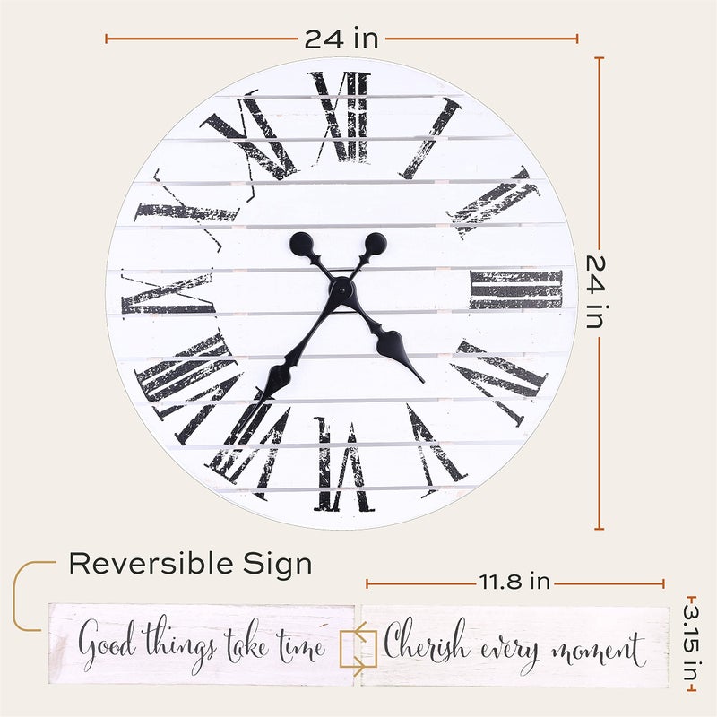 ALBEN Large Farmhouse Wall Clock - 24 inch Round Shiplap Farmhouse Style Clock Bundled with Decorative Reversible Wooden Sign - Image 5