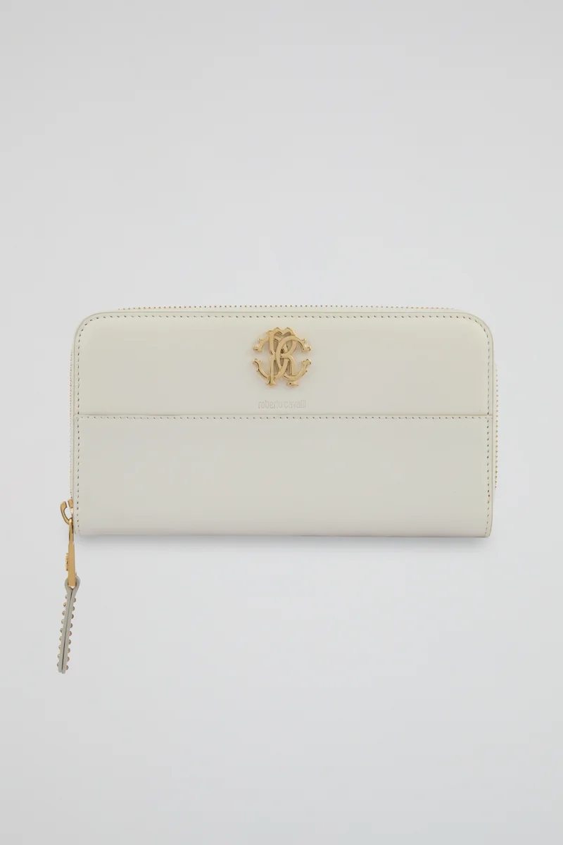 روبرتو كافالي Roberto Cavalli White Zip-Around Wallet with Logo Detail