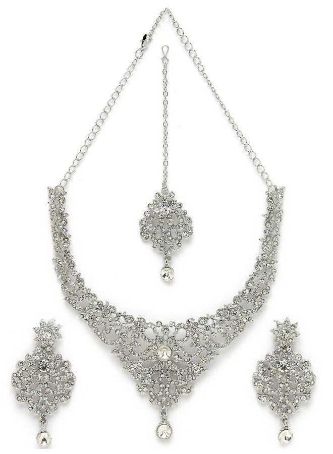 Sukkhi Luminous Rhodium Plated Silver AD White Stone Collar Bone Necklace Set With Earring And Maangtika | Jewellery Set For Women (NS105667) - Image 1