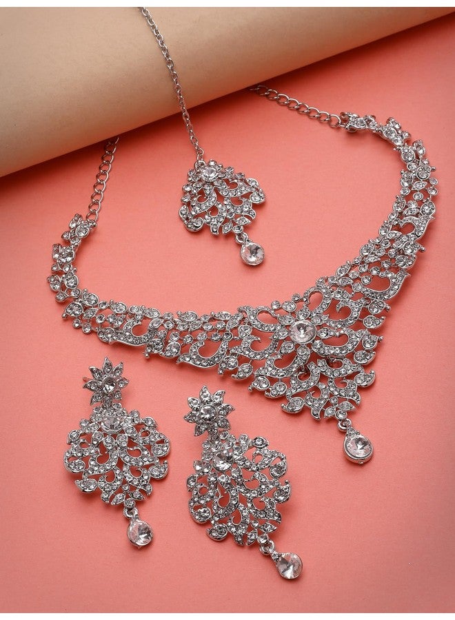 Sukkhi Luminous Rhodium Plated Silver AD White Stone Collar Bone Necklace Set With Earring And Maangtika | Jewellery Set For Women (NS105667) - Image 4
