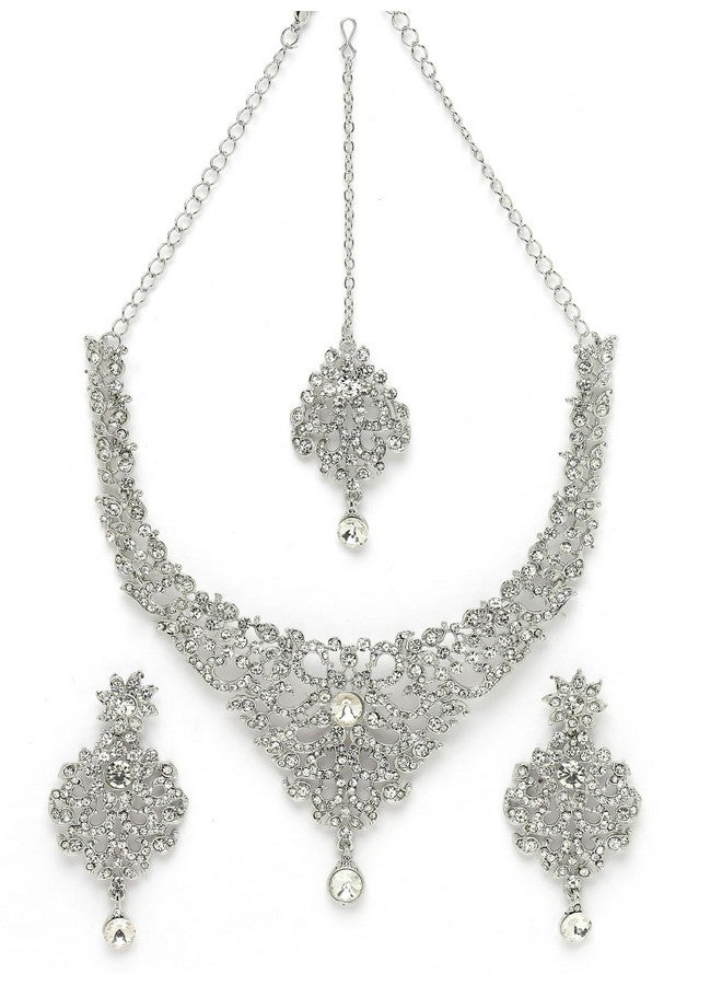 Sukkhi Luminous Rhodium Plated Silver AD White Stone Collar Bone Necklace Set With Earring And Maangtika | Jewellery Set For Women (NS105667) - Image 5