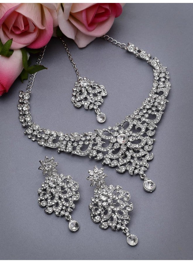 Sukkhi Luminous Rhodium Plated Silver AD White Stone Collar Bone Necklace Set With Earring And Maangtika | Jewellery Set For Women (NS105667) - Image 3
