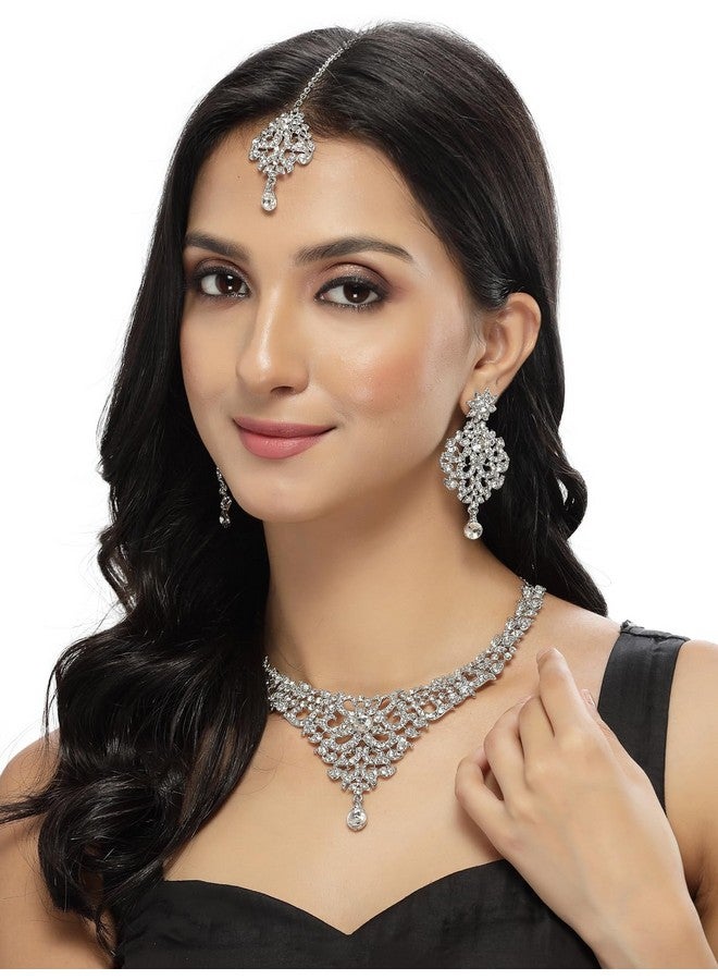 Sukkhi Luminous Rhodium Plated Silver AD White Stone Collar Bone Necklace Set With Earring And Maangtika | Jewellery Set For Women (NS105667) - Image 2
