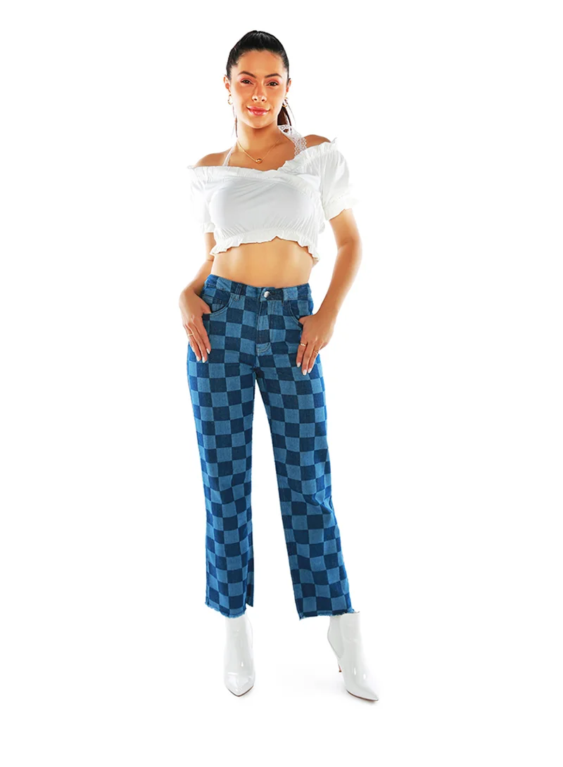 London Rag Blue Wide Leg Checkered Jeans Pants