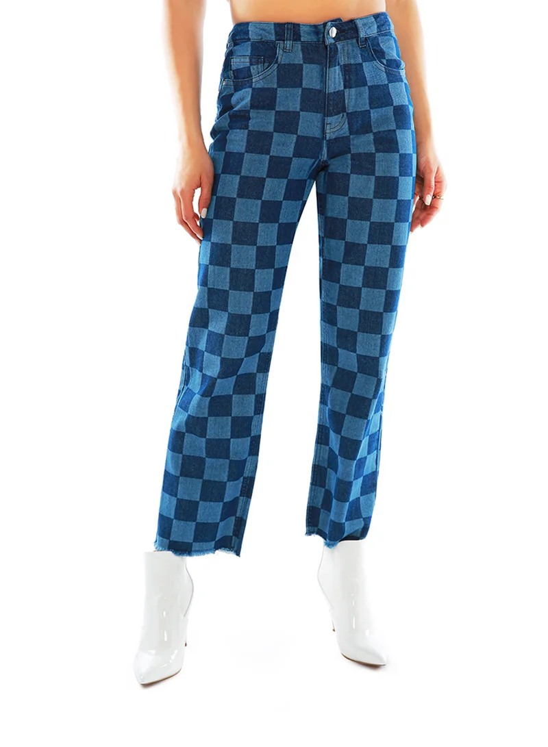 London Rag Blue Wide Leg Checkered Jeans Pants