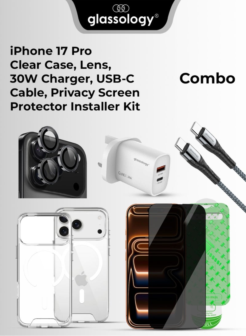 glassology iPhone 17 Pro Power & Protection Bundle – Ultra-Clear MagSafe Case + Privacy Screen + Lens Shield + Fast Charging Kit - Image 1
