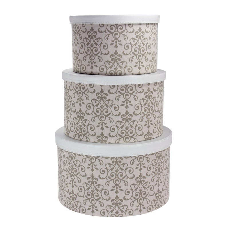 Household Essentials 3Piece Hat Box Set with Faux Leather Lids Scroll Pattern - Image 1