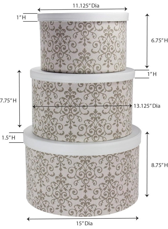 Household Essentials 3Piece Hat Box Set with Faux Leather Lids Scroll Pattern - Image 3