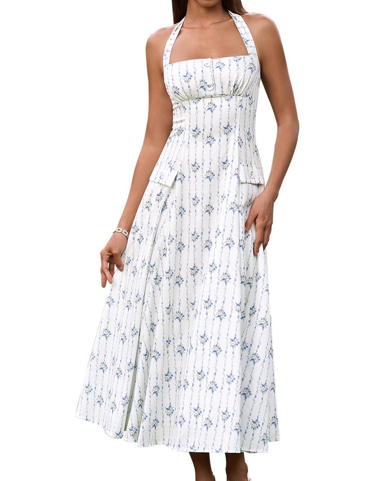 GLNEGE Floral Halter Corset Midi Dresses Summer Flowy Wedding Guest Dress A Line Bow Tea Party Sundress for Women - Image 1