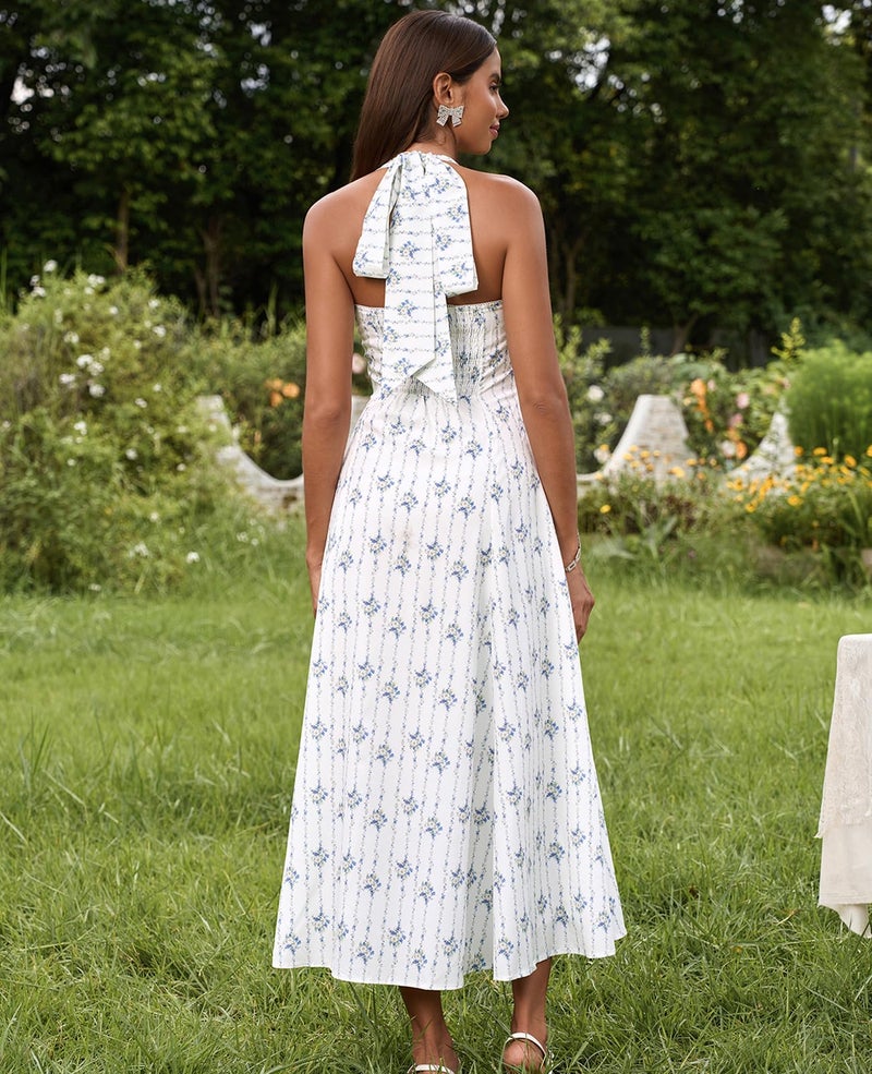 GLNEGE Floral Halter Corset Midi Dresses Summer Flowy Wedding Guest Dress A Line Bow Tea Party Sundress for Women - Image 3