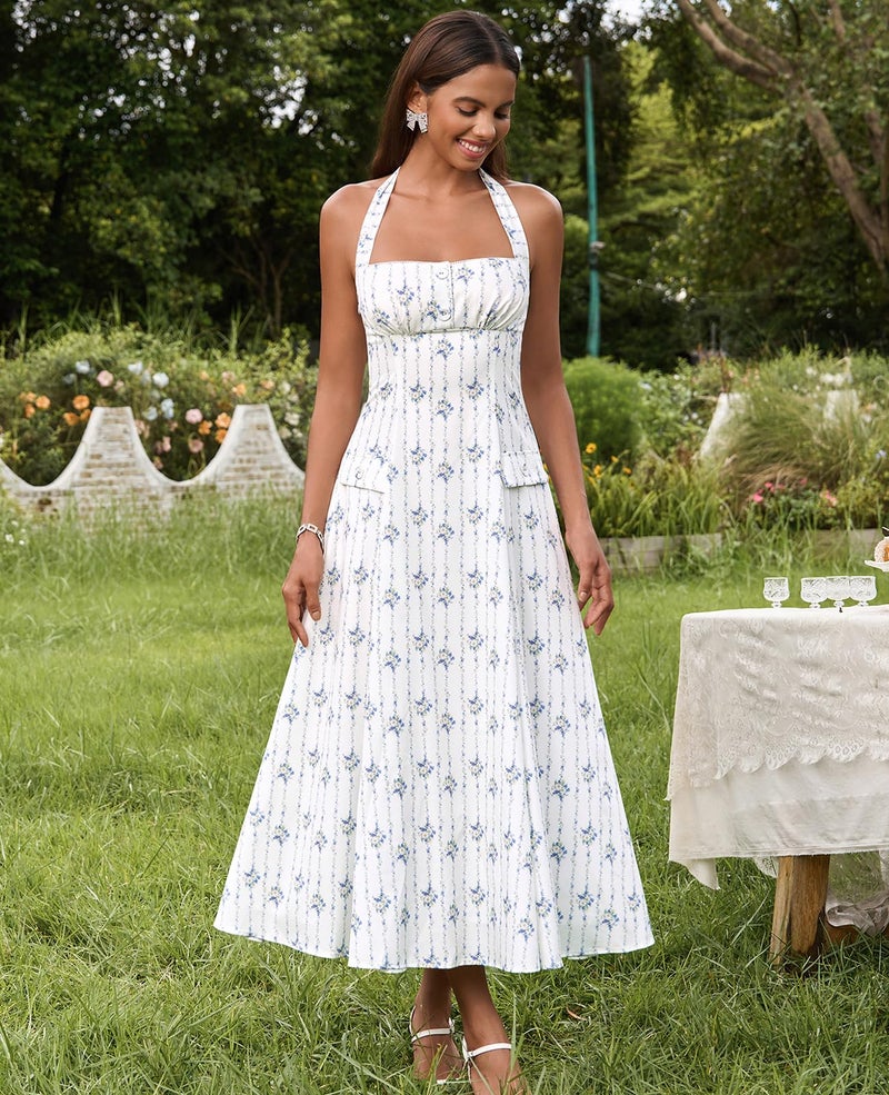 GLNEGE Floral Halter Corset Midi Dresses Summer Flowy Wedding Guest Dress A Line Bow Tea Party Sundress for Women - Image 2