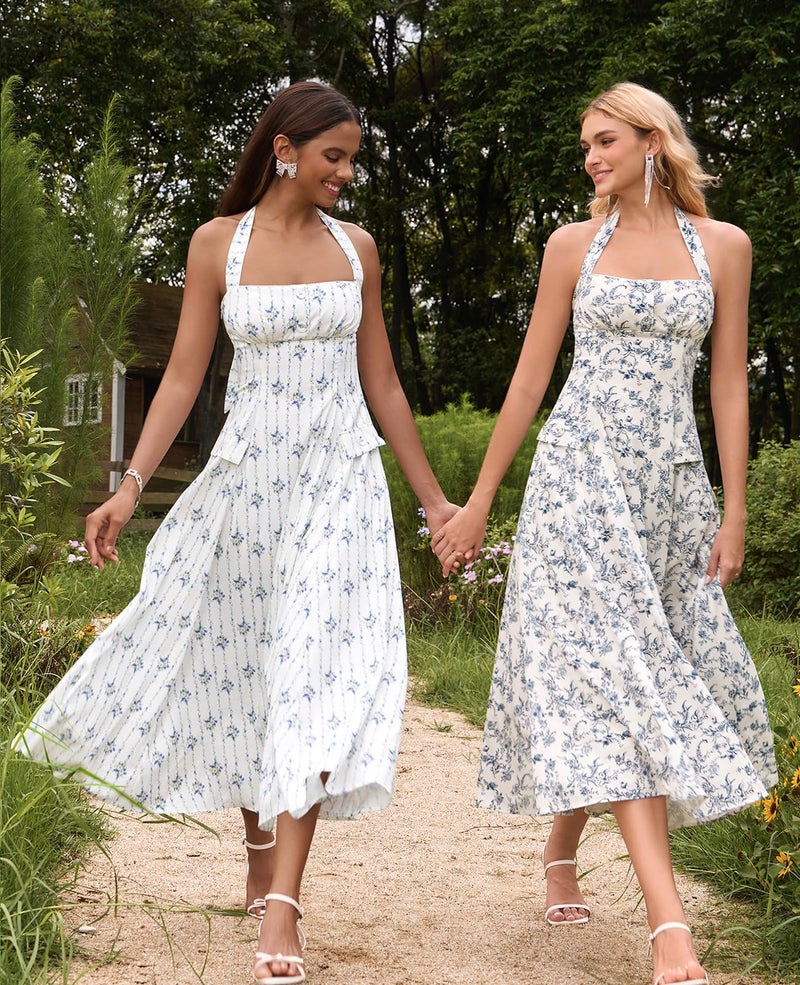 GLNEGE Floral Halter Corset Midi Dresses Summer Flowy Wedding Guest Dress A Line Bow Tea Party Sundress for Women - Image 4