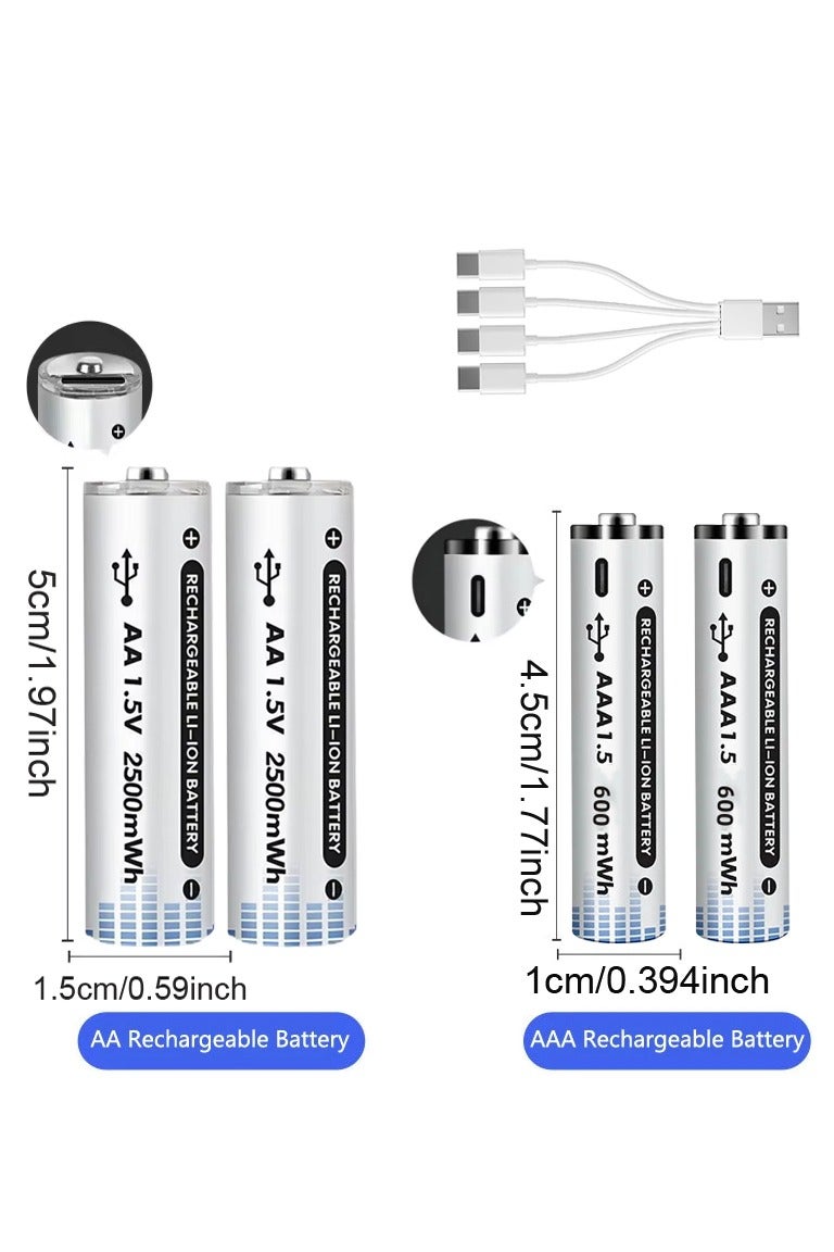 MUXUE USB Rechargeable 2 AA 2500mWh and 2 AAA 600mWh Batteries Lithium with , 1.5 V Triple A Double A Batteries Rechargeable, Long Lasting Lithium Battery with Cycle With Type C Port Cable， Constant Output(2AAA+2AA) - Image 1