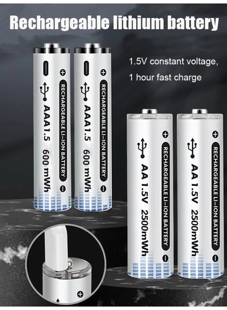 MUXUE USB Rechargeable 2 AA 2500mWh and 2 AAA 600mWh Batteries Lithium with , 1.5 V Triple A Double A Batteries Rechargeable, Long Lasting Lithium Battery with Cycle With Type C Port Cable， Constant Output(2AAA+2AA) - Image 2