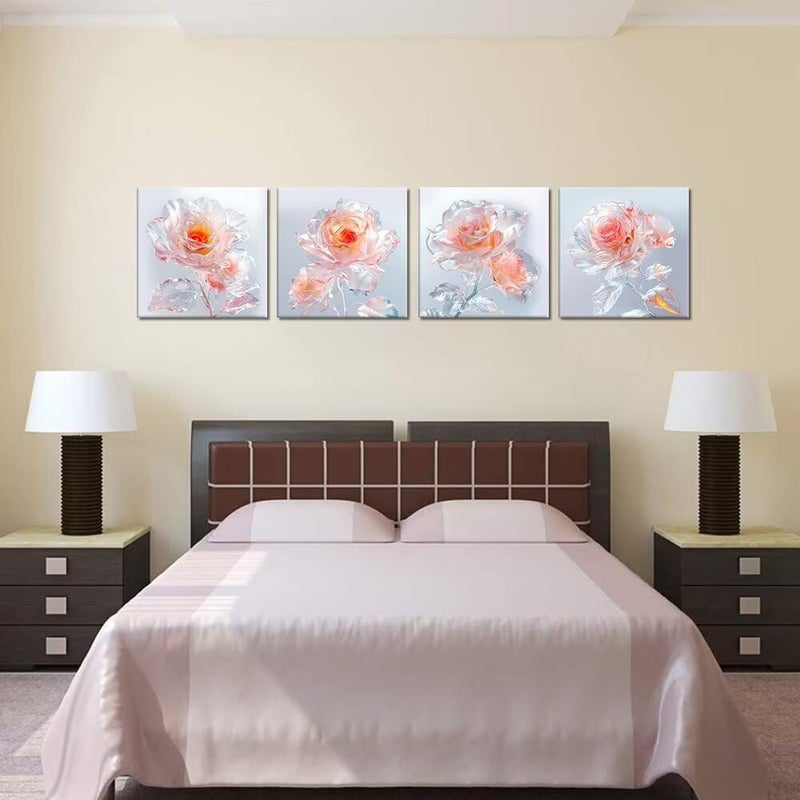 Wall HDQ Pink Rose Flowers Canvas Wall Art for Bedroom Living Room Bathroom Wall Decor Artwork Pictures Floral Paintings Prints Framed 4 Pieces - Image 3