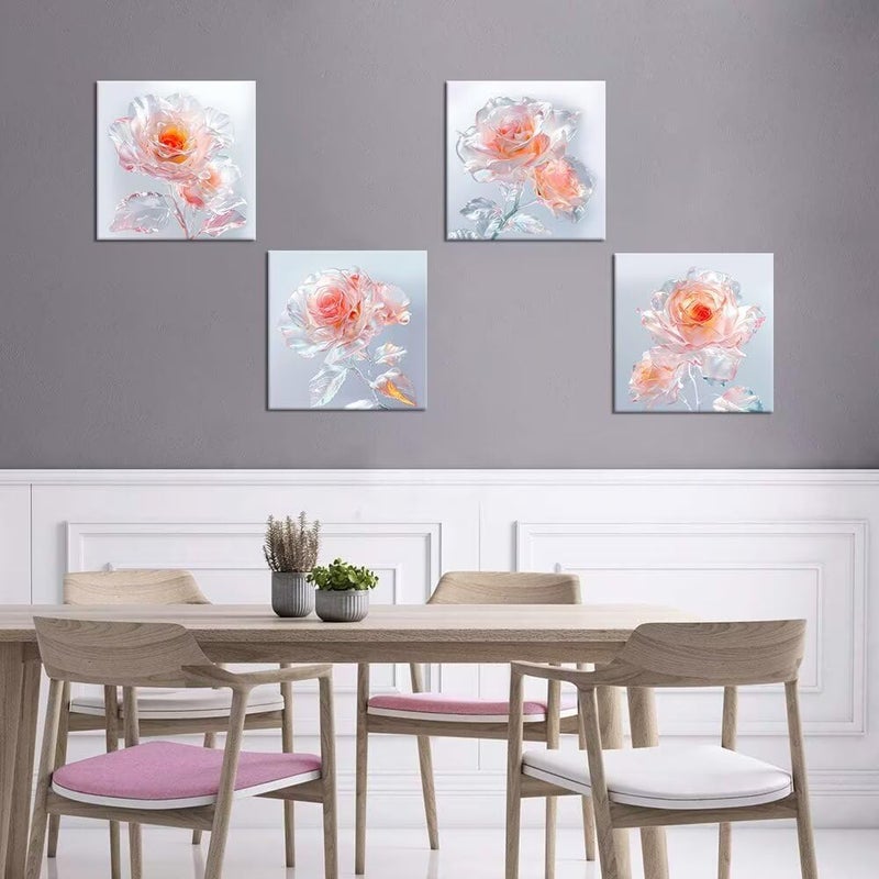 Wall HDQ Pink Rose Flowers Canvas Wall Art for Bedroom Living Room Bathroom Wall Decor Artwork Pictures Floral Paintings Prints Framed 4 Pieces - Image 5