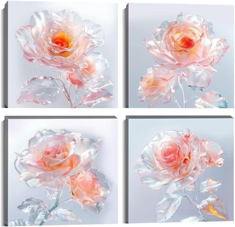 Wall HDQ Pink Rose Flowers Canvas Wall Art for Bedroom Living Room Bathroom Wall Decor Artwork Pictures Floral Paintings Prints Framed 4 Pieces - Image 1