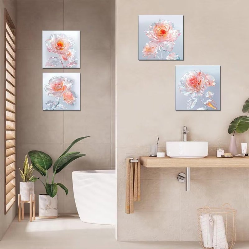Wall HDQ Pink Rose Flowers Canvas Wall Art for Bedroom Living Room Bathroom Wall Decor Artwork Pictures Floral Paintings Prints Framed 4 Pieces - Image 2