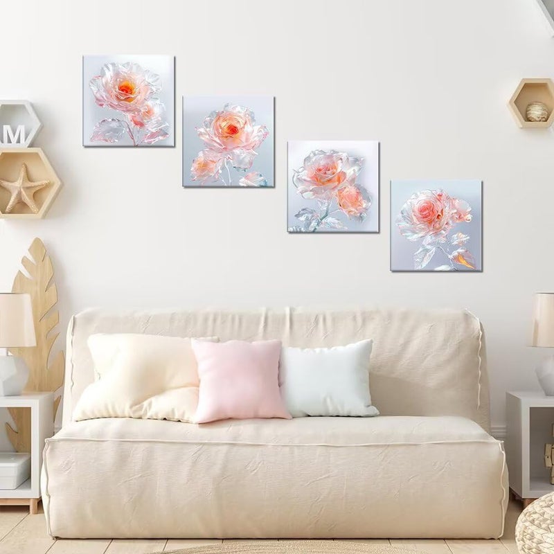 Wall HDQ Pink Rose Flowers Canvas Wall Art for Bedroom Living Room Bathroom Wall Decor Artwork Pictures Floral Paintings Prints Framed 4 Pieces - Image 4
