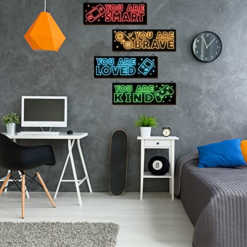 YLOLUL 4pcs Neon Game Art Prints, Wood Wall Art Decor for Boys Room, Gamer Decorations, Inspirational Quote Wall Decor, Modern Home Decor, 12 x 4 Inch, Red - Image 5