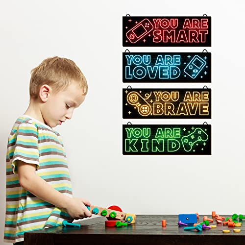 YLOLUL 4pcs Neon Game Art Prints, Wood Wall Art Decor for Boys Room, Gamer Decorations, Inspirational Quote Wall Decor, Modern Home Decor, 12 x 4 Inch, Red - Image 3