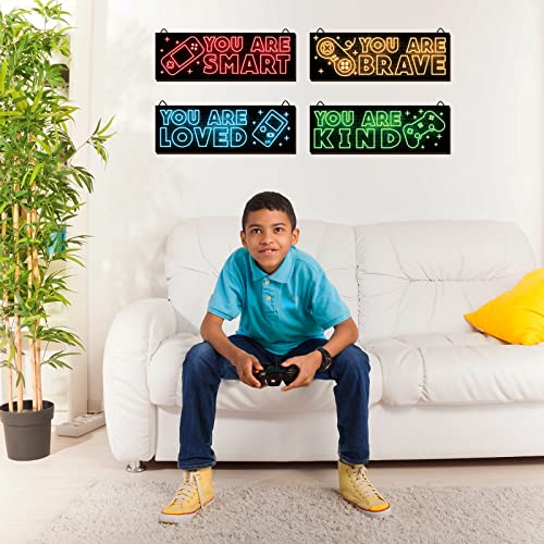 YLOLUL 4pcs Neon Game Art Prints, Wood Wall Art Decor for Boys Room, Gamer Decorations, Inspirational Quote Wall Decor, Modern Home Decor, 12 x 4 Inch, Red - Image 4