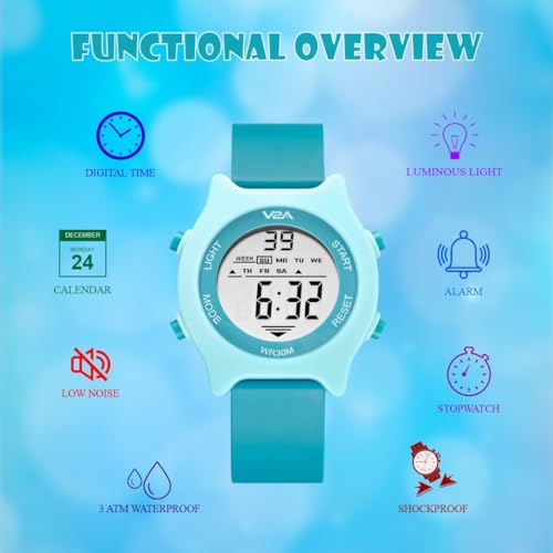 V2A Resin Unisex Child Watch Gifts Age 4-13 For Multi-Functional 30 M Waterproof Digital Sports Watches For 4 5 6 7 8 Year Old Boy And Girls|Birthday Gift For Kids(Green),Dial_White,Band_Silver - Image 4