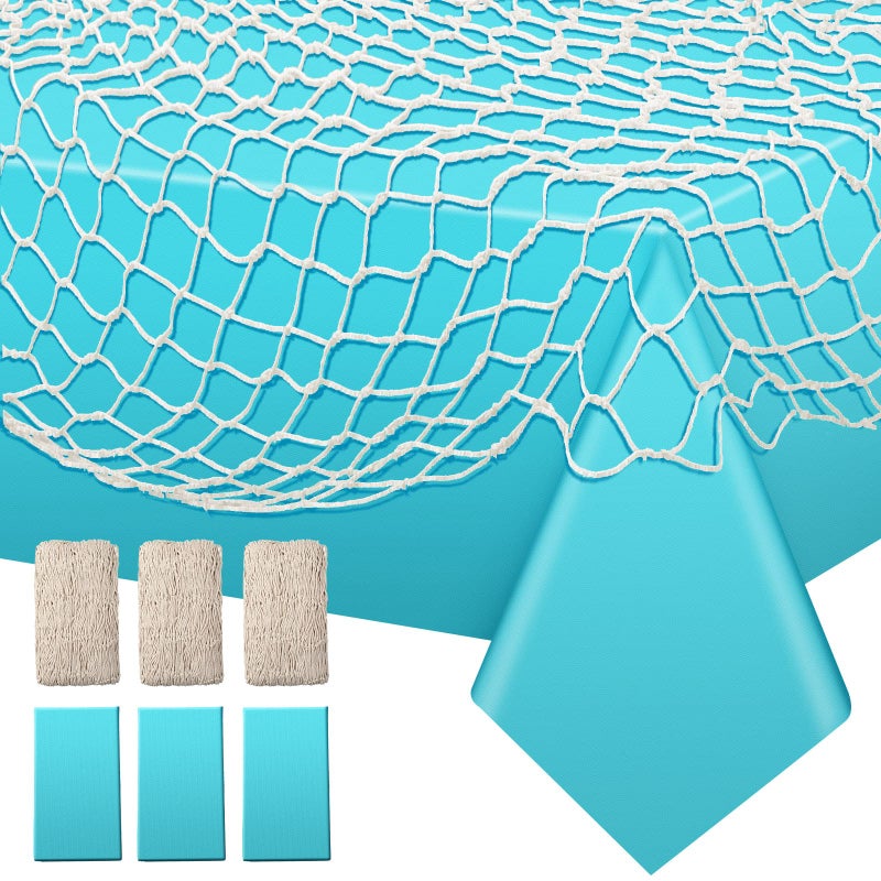 Unittype Unittype 6 Pcs Fish Net Decorative and Tablecloth Set Cotton Fishnet and Plastic Table Cover Decorations Set for Nautical Themed Party Baby Shower Pirate Decorations Mermaid PartyTurquoise 