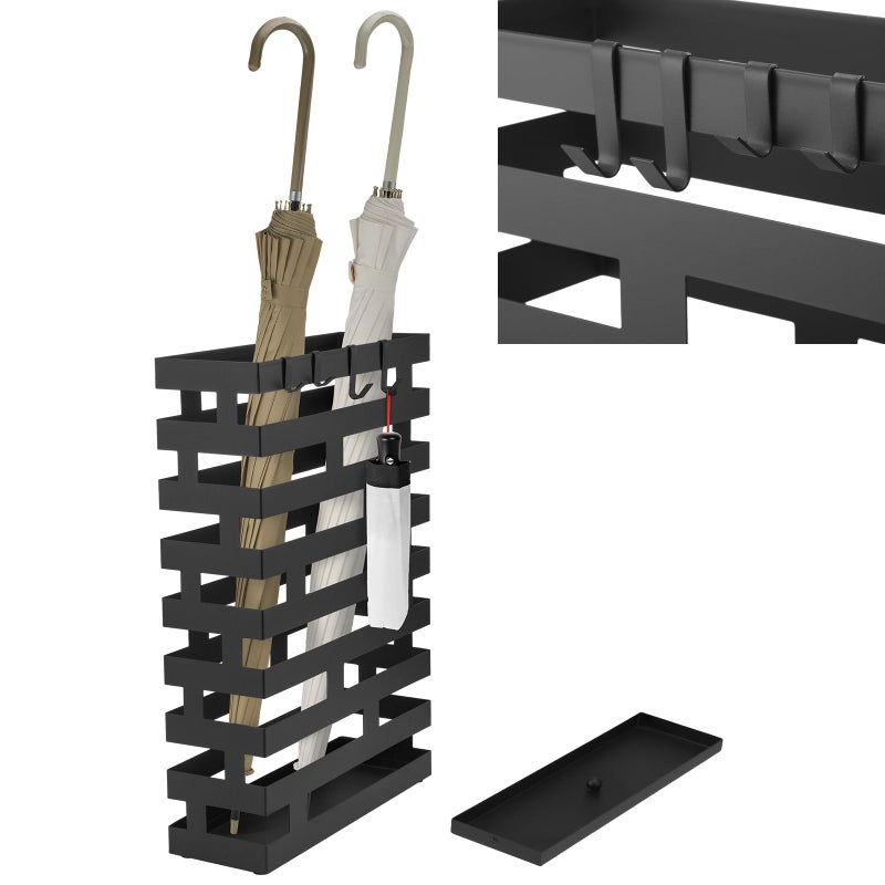 Tudomro Umbrella Stands for Entryway Large Metal Umbrella Holder with Removable Water Tray and Hooks Decor Freestanding Rectangular Umbrella Hollow Rack for Home Office Black 394 x 1181 x 1693 Inch