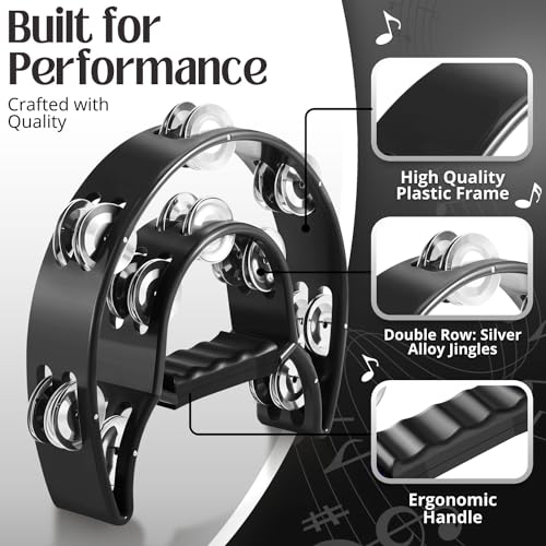 Flexzion Tambourine Metal Half Moon Musical Instruments Double Row Metal Jingles Hand Held Instruments Percussion with Ergonomic Handle Grip, Tambourines for Adults Church, Black - Image 3