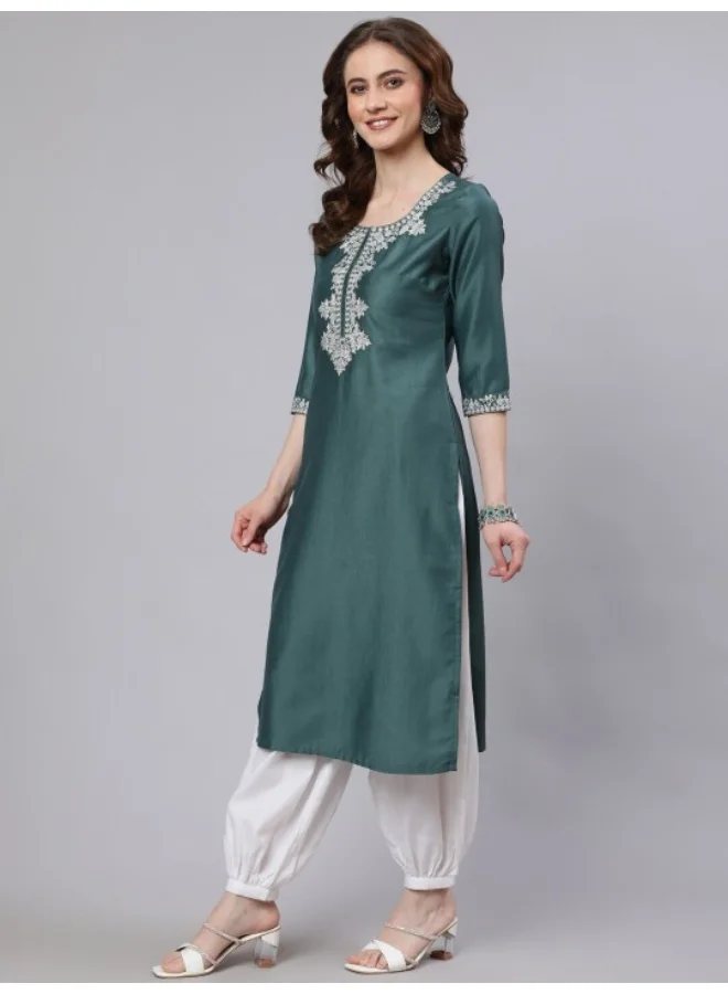 AKS Teal & White Embroidered Straight Kurta