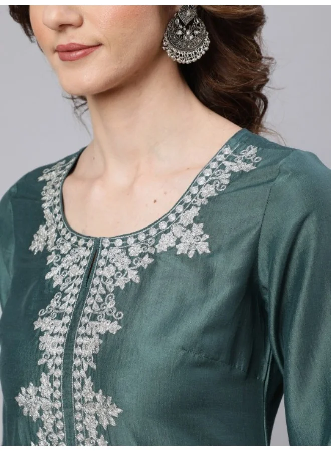 AKS Teal & White Embroidered Straight Kurta