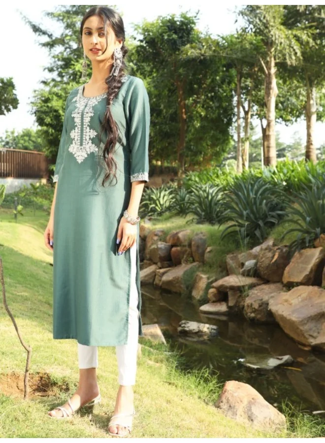 AKS Teal & White Embroidered Straight Kurta