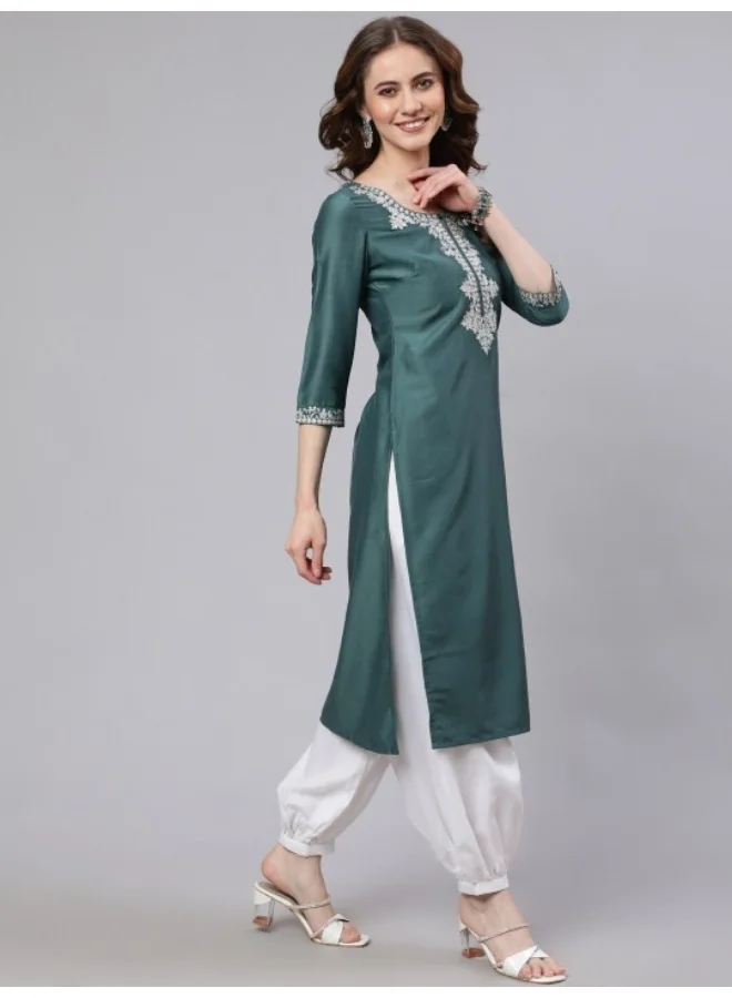 AKS Teal & White Embroidered Straight Kurta
