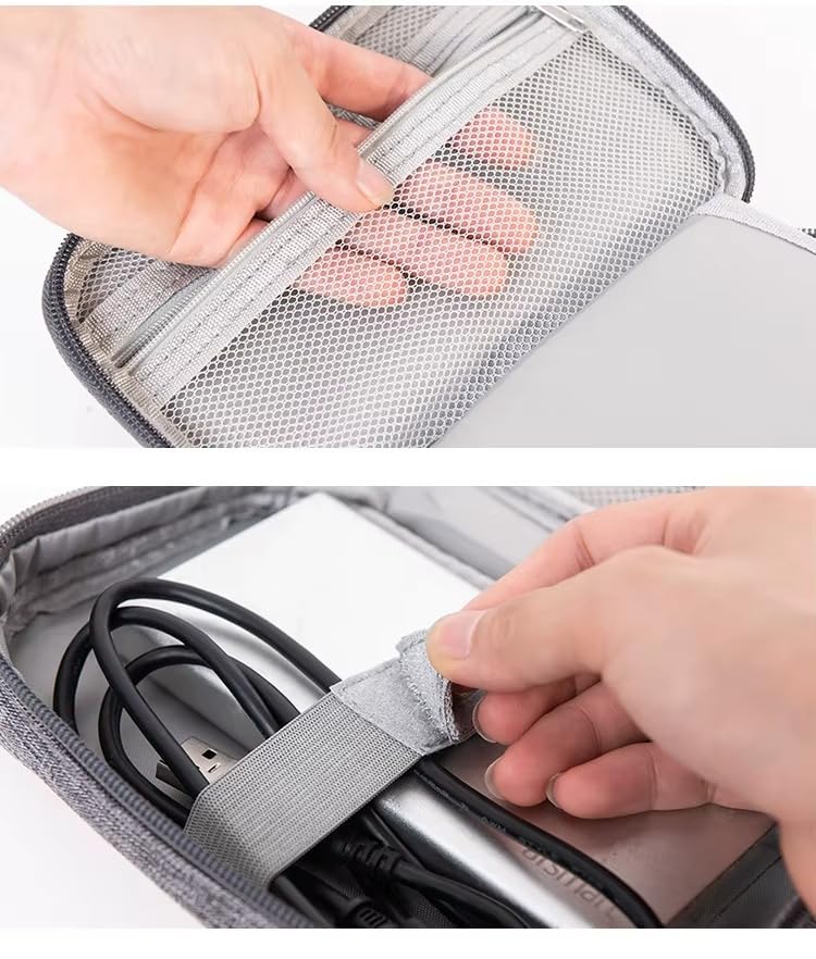 BentoGa Multipupose Storage Organizer Bag Pouch Kit with Elastic Band & Mesh Pockets for Cables, Chargers & Computer & Mobile Accessories, Cosmetics, with Steel Hook & Wrist Band,12x18x4 cm, Grey - Image 5