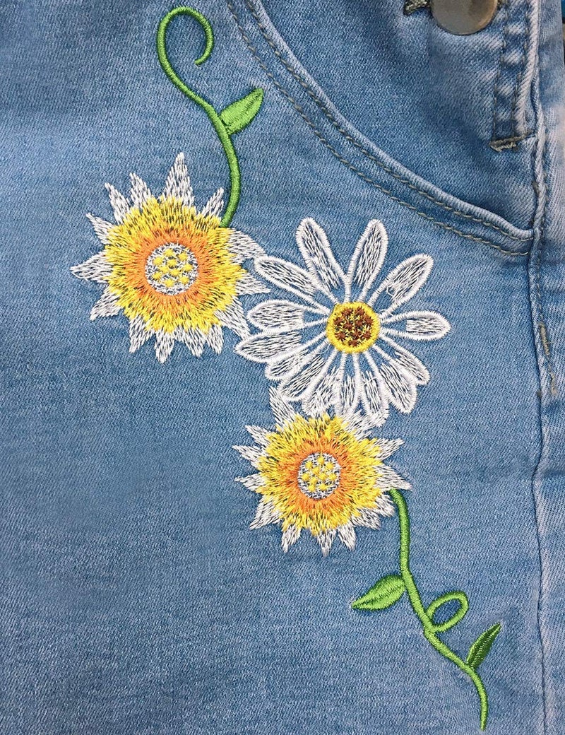 Vetinee Women's Placid Blue Floral Embroidery Classic Adjustable Straps Cuffed Hem Denim Bib Overall Shorts Medium (US 8-10) - Image 5