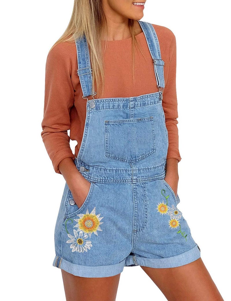 Vetinee Women's Placid Blue Floral Embroidery Classic Adjustable Straps Cuffed Hem Denim Bib Overall Shorts Medium (US 8-10) - Image 1