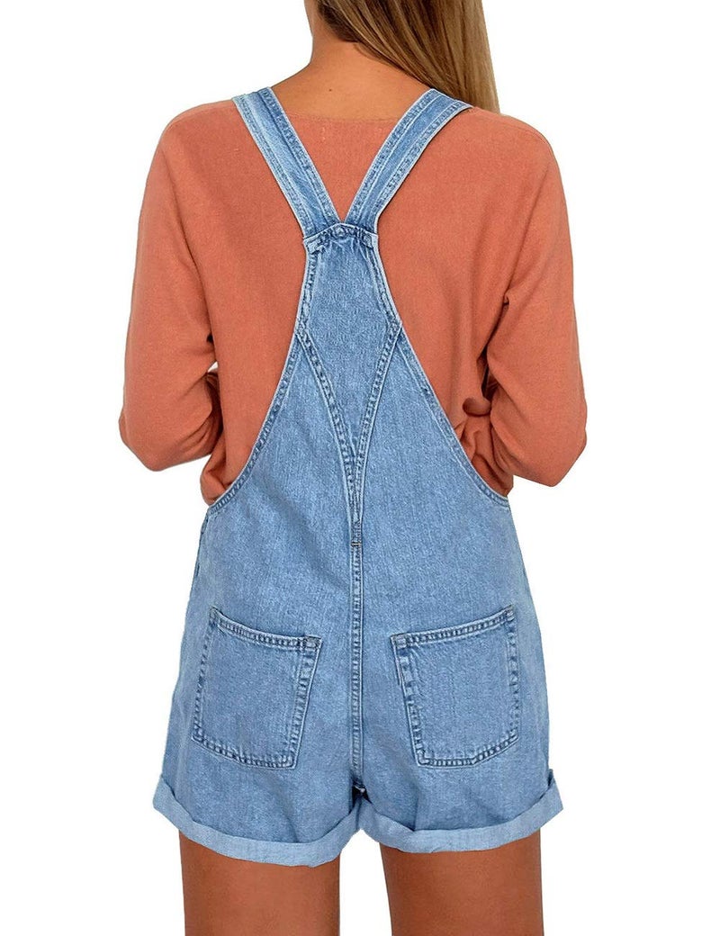 Vetinee Women's Placid Blue Floral Embroidery Classic Adjustable Straps Cuffed Hem Denim Bib Overall Shorts Medium (US 8-10) - Image 2