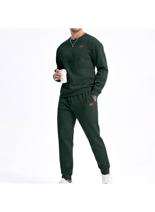 SPRING Autumn Men's Hoodie Sport Casual Solid Color Round Neck Jacquard Knit Sweater Two-piece Set Long Sleeve Long Pants - Image 1