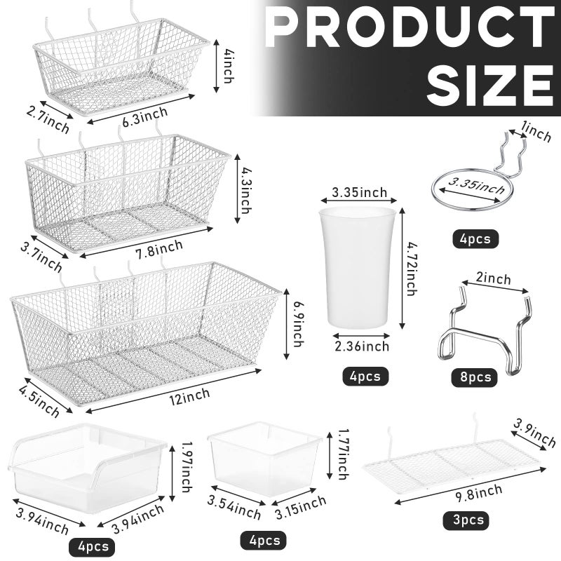 Sieral 30 Pcs Pegboard Organizer Accessories Kit Includes Peg Board Shelving Storage Basket Organizer Bins Hooks Loops Cup with Cup Holder for Garage Room Wall Attachments Tools(White, Clear, Silver) - Image 2