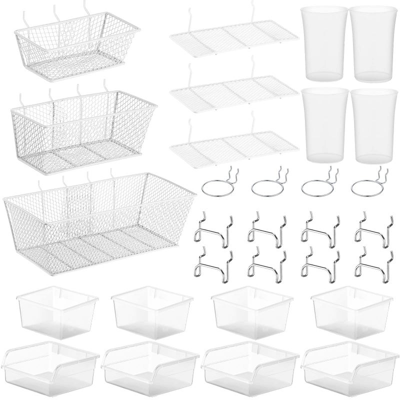 Sieral 30 Pcs Pegboard Organizer Accessories Kit Includes Peg Board Shelving Storage Basket Organizer Bins Hooks Loops Cup with Cup Holder for Garage Room Wall Attachments Tools(White, Clear, Silver) - Image 1