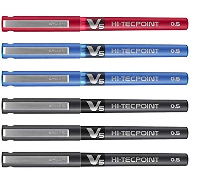 بايلوت قلم حبر جاف بايلوت V5 هاي-تيك بوينت فائق النعومة - رأس 0.5 مم، حبر أسود وأزرق وأحمر، عبوة من 6 قطع (ألوان تجارية)