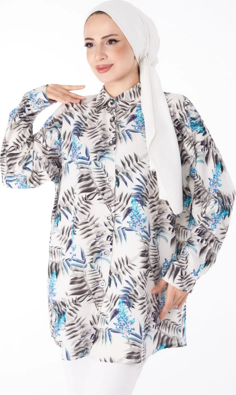 Tofisa Plain Shirt Collar Women's Blue Patterned Tunic - 25618