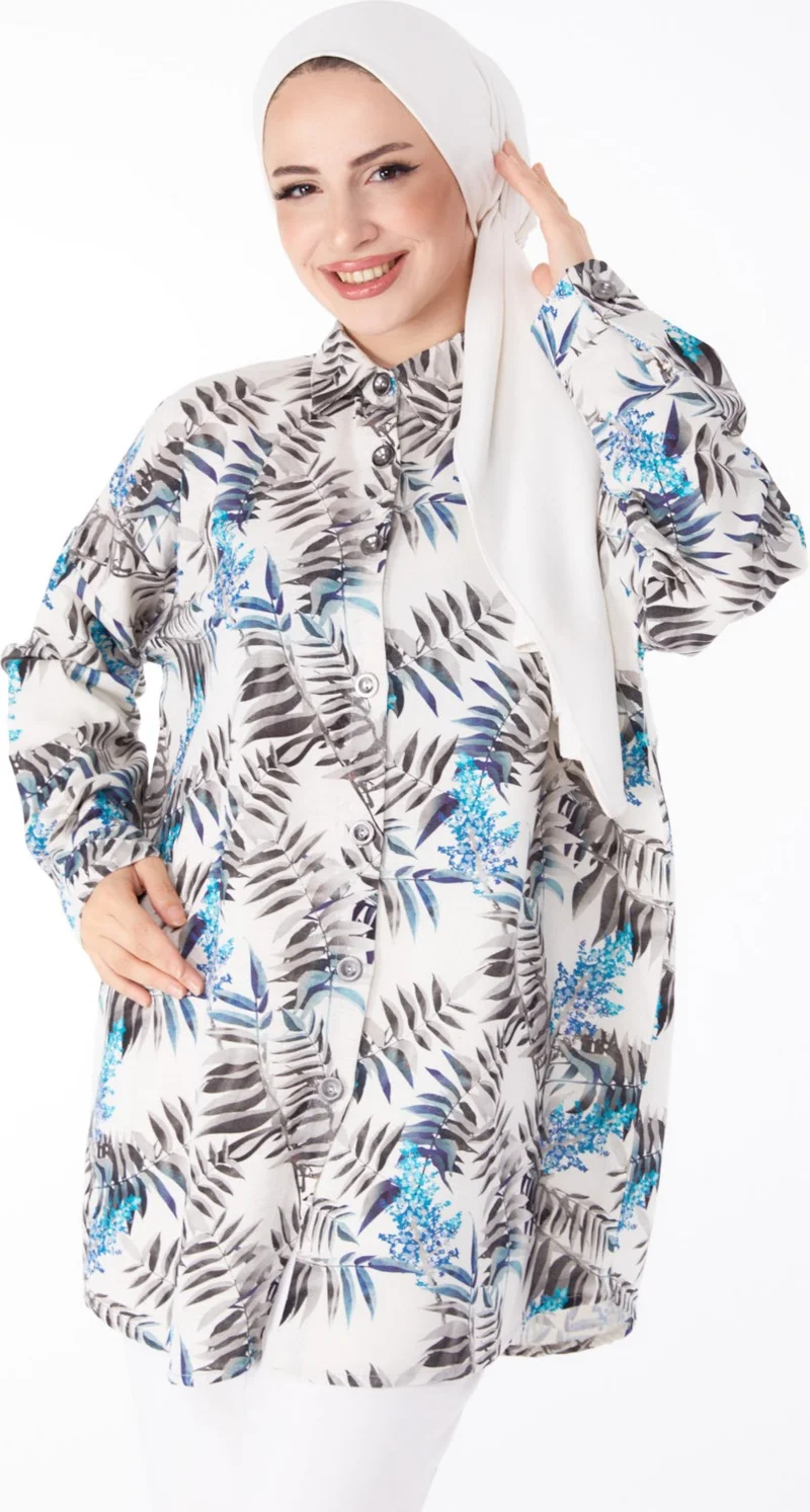 Tofisa Plain Shirt Collar Women's Blue Patterned Tunic - 25618