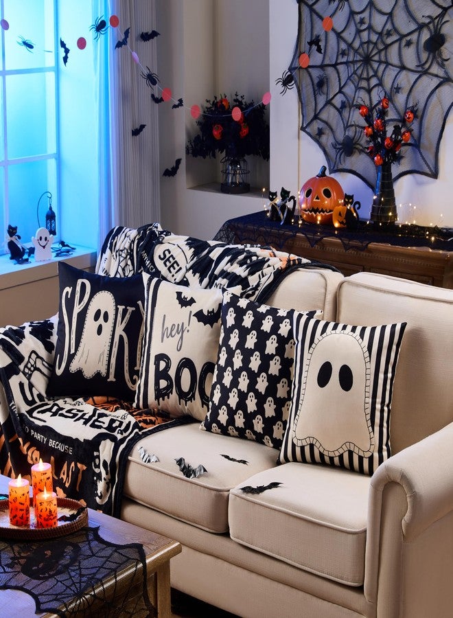 YOSICHY Halloween Decor Pillow Covers 18x18 Inch,Set of 4 Halloween Decoration Indoor Outdoor Throw Pillow Covers, Hey Boo Cute Spooky Ghost Black Striped Linen Cushion Case for Home Sofa Couch Bed Chair - Image 5