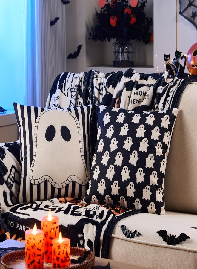 YOSICHY Halloween Decor Pillow Covers 18x18 Inch,Set of 4 Halloween Decoration Indoor Outdoor Throw Pillow Covers, Hey Boo Cute Spooky Ghost Black Striped Linen Cushion Case for Home Sofa Couch Bed Chair - Image 2