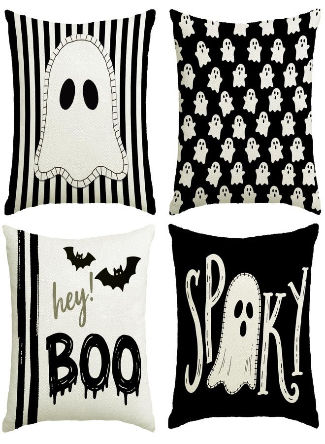 YOSICHY Halloween Decor Pillow Covers 18x18 Inch,Set of 4 Halloween Decoration Indoor Outdoor Throw Pillow Covers, Hey Boo Cute Spooky Ghost Black Striped Linen Cushion Case for Home Sofa Couch Bed Chair - Image 1