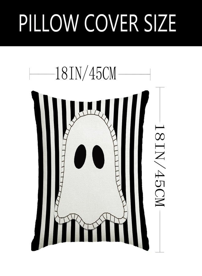 YOSICHY Halloween Decor Pillow Covers 18x18 Inch,Set of 4 Halloween Decoration Indoor Outdoor Throw Pillow Covers, Hey Boo Cute Spooky Ghost Black Striped Linen Cushion Case for Home Sofa Couch Bed Chair - Image 3