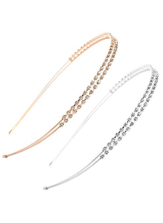 lasenersm 2 Pieces Metal Double Headband Fashion Double Row Headbands Fine Encrusted Rhinestone Alloy Headbands Hair Hairband Hair Loop Headband Accessories Rosegold And Silver  - Image 1